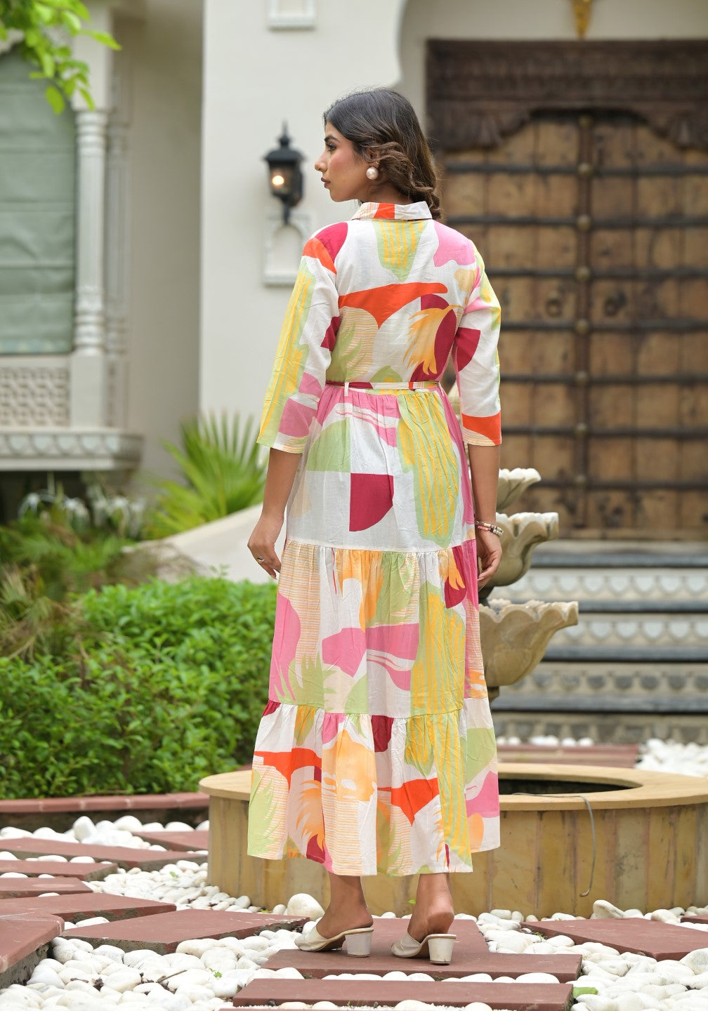 Juniper Women's Off White Geometric Printed Cambric Dress With Buttons & Doris On Waist - Distacart