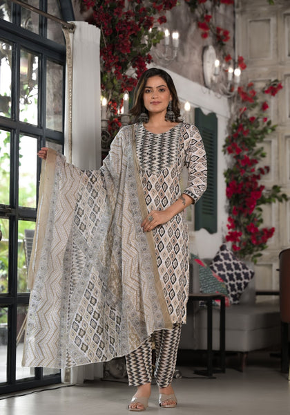 Juniper Women's Black Ikat Printed Cotton Kurta, Pant And Dupatta Set With Mirror & Thread Work - Distacart