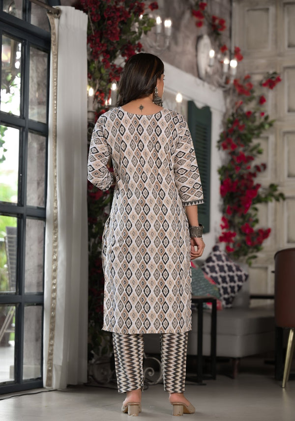 Juniper Women's Black Ikat Printed Cotton Kurta, Pant And Dupatta Set With Mirror & Thread Work - Distacart