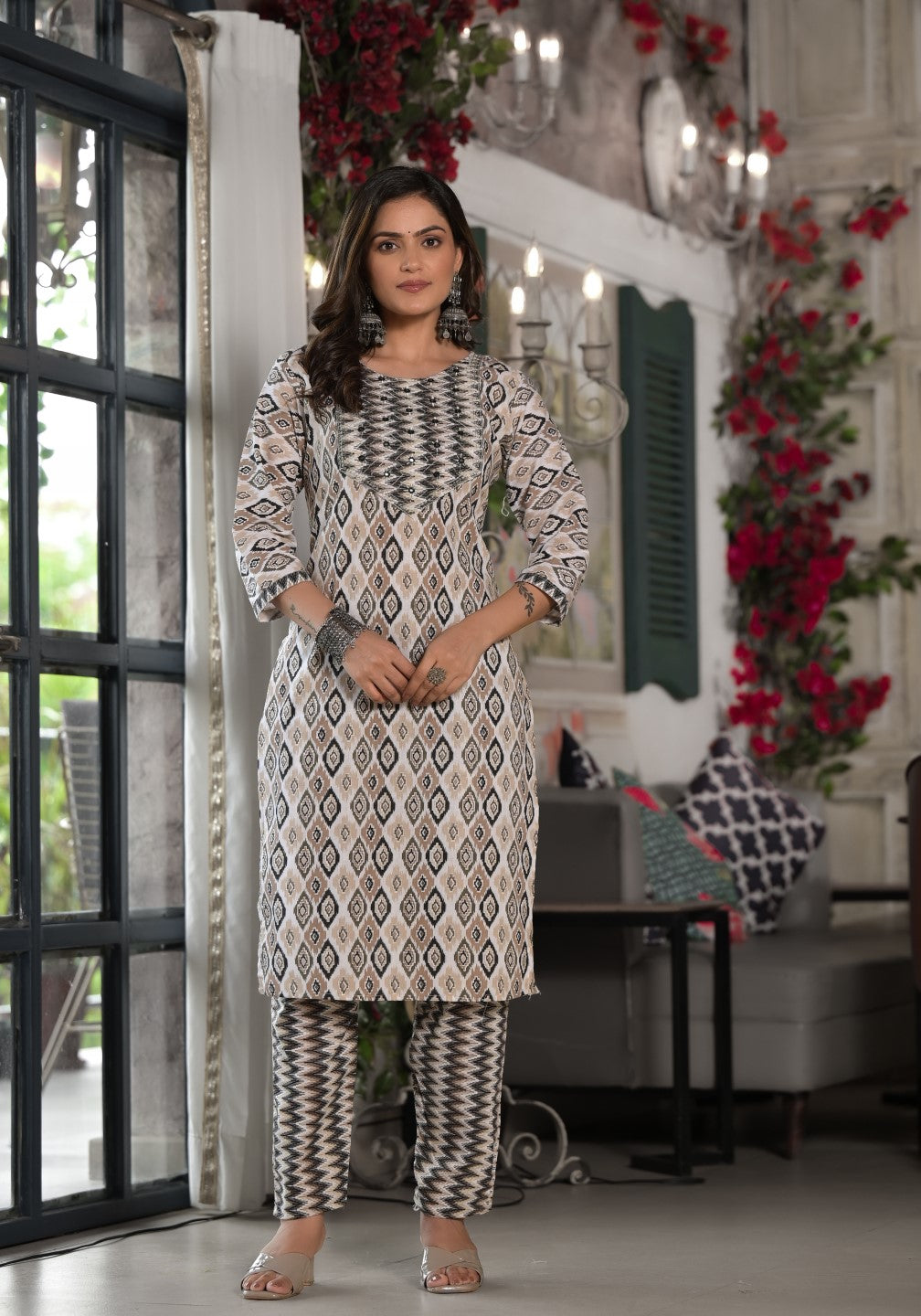 Juniper Women's Black Ikat Printed Cotton Kurta, Pant And Dupatta Set With Mirror & Thread Work - Distacart