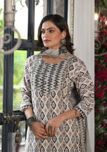 Thumbnail for Juniper Women's Black Ikat Printed Cotton Kurta, Pant And Dupatta Set With Mirror & Thread Work - Distacart