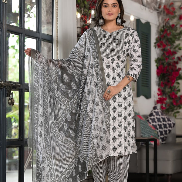Juniper Women's Black Ethnic Motif Printed Cotton Kurta, Pant And Dupatta Set With Mirror & Thread Work - Distacart