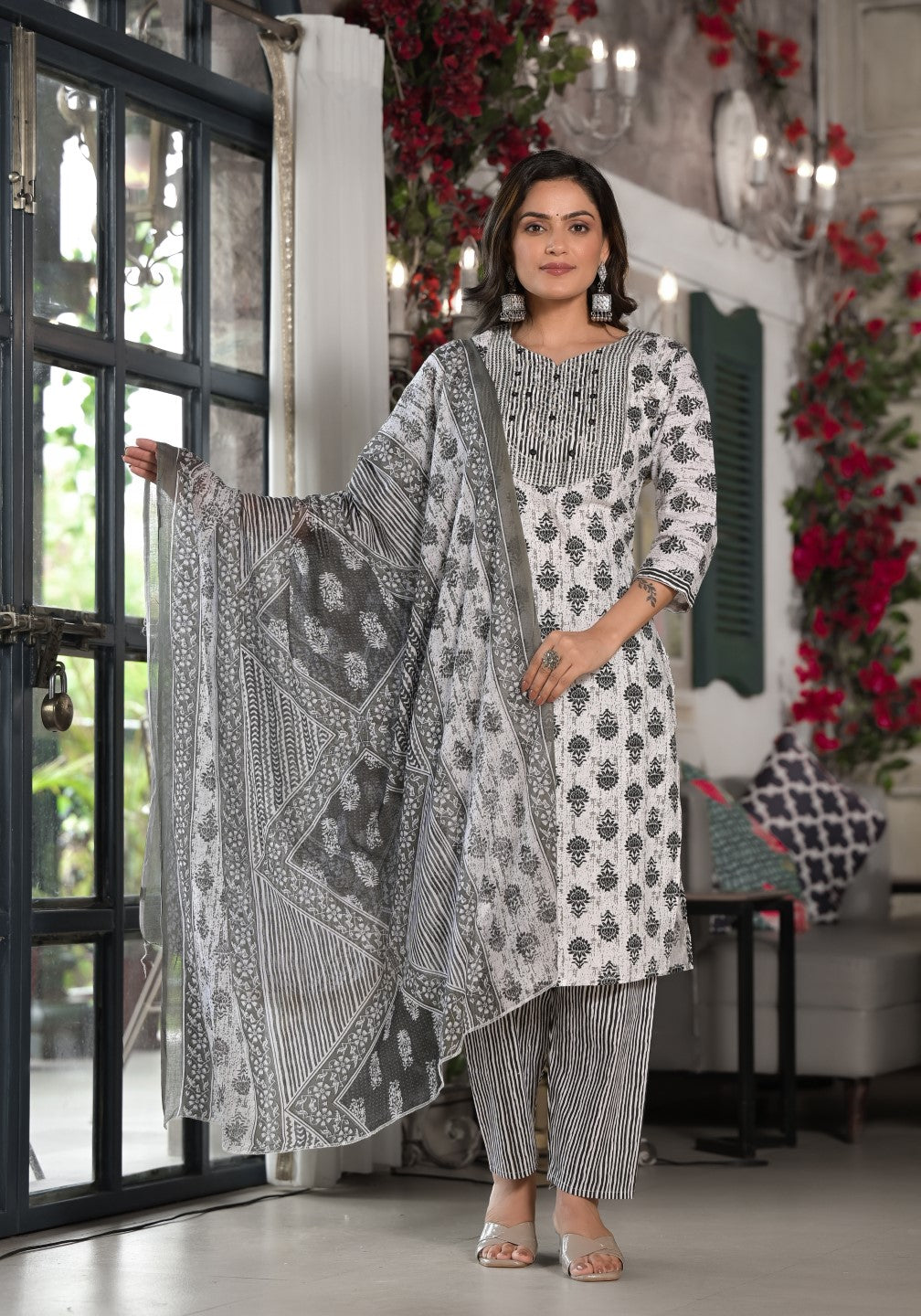 Juniper Women's Black Ethnic Motif Printed Cotton Kurta, Pant And Dupatta Set With Mirror & Thread Work - Distacart