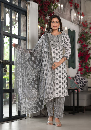 Juniper Women's Black Ethnic Motif Printed Cotton Kurta, Pant And Dupatta Set With Mirror & Thread Work - Distacart