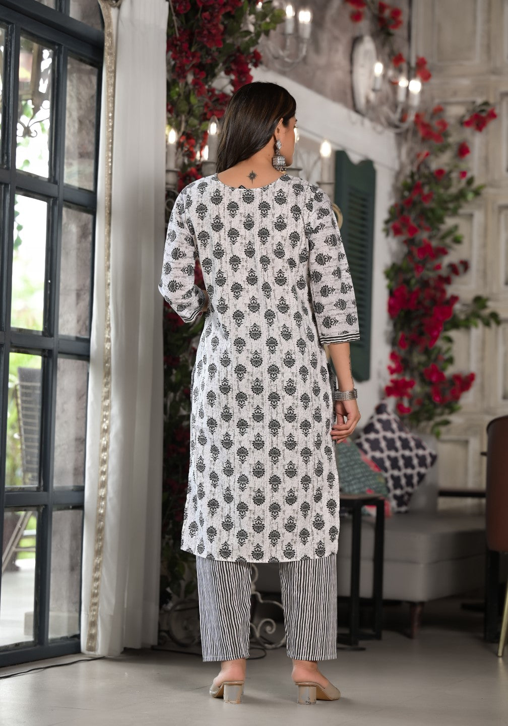 Juniper Women's Black Ethnic Motif Printed Cotton Kurta, Pant And Dupatta Set With Mirror & Thread Work - Distacart