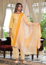 Thumbnail for Juniper Women's Mustard Ethnic Motif Printed Cotton Kurta, Pant And Dupatta Set With Lace & Buttons - Distacart