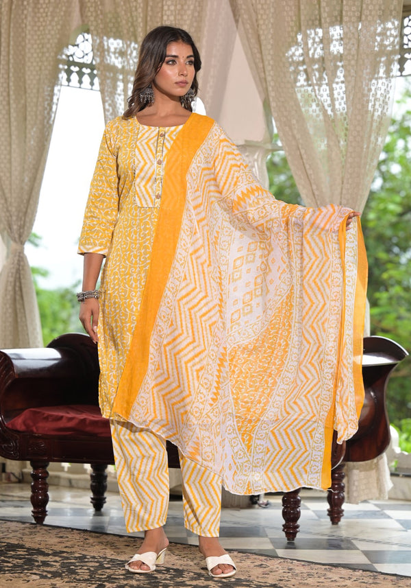 Juniper Women's Mustard Ethnic Motif Printed Cotton Kurta, Pant And Dupatta Set With Lace & Buttons - Distacart