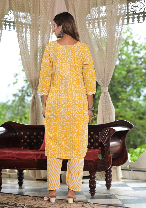 Juniper Women's Mustard Ethnic Motif Printed Cotton Kurta, Pant And Dupatta Set With Lace & Buttons - Distacart