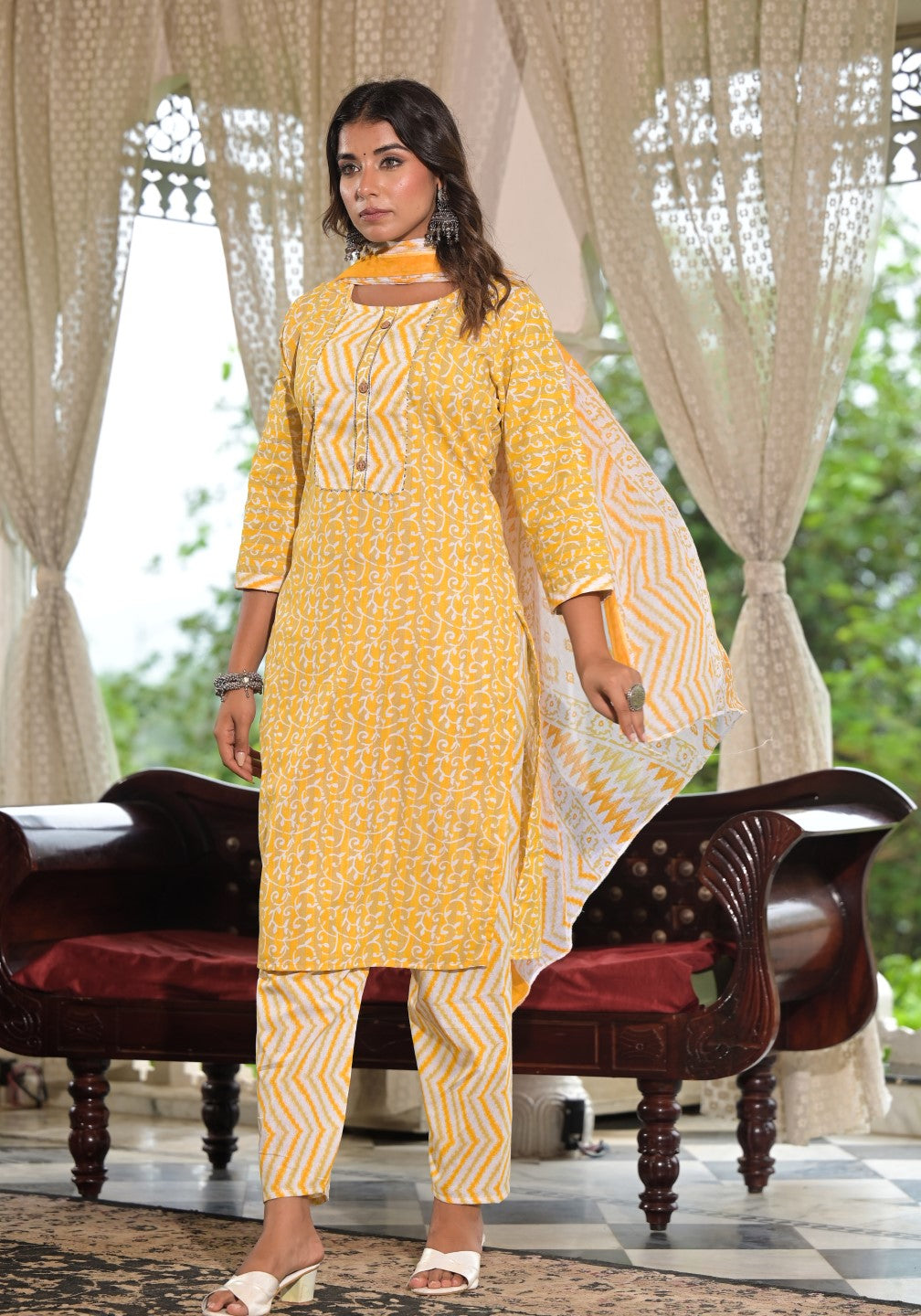 Juniper Women's Mustard Ethnic Motif Printed Cotton Kurta, Pant And Dupatta Set With Lace & Buttons - Distacart