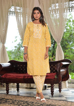 Thumbnail for Juniper Women's Mustard Ethnic Motif Printed Cotton Kurta, Pant And Dupatta Set With Lace & Buttons - Distacart