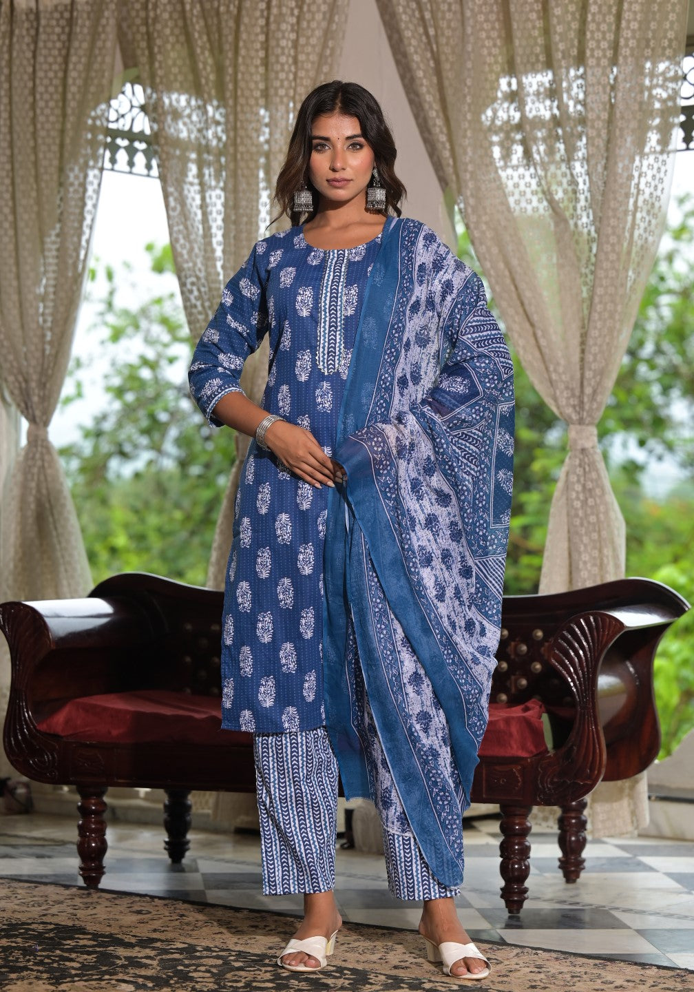 Juniper Women's Navy Ethnic Motif Printed Cotton Kurta, Pant And Dupatta Set With Lace - Distacart