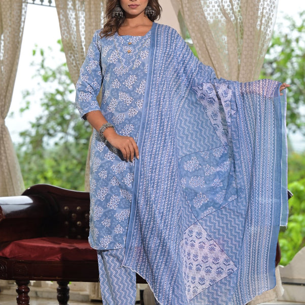 Juniper Women's Sky Blue Ethnic Motif Printed Cotton Kurta, Pant And Dupatta Set With Buttons & Lace - Distacart