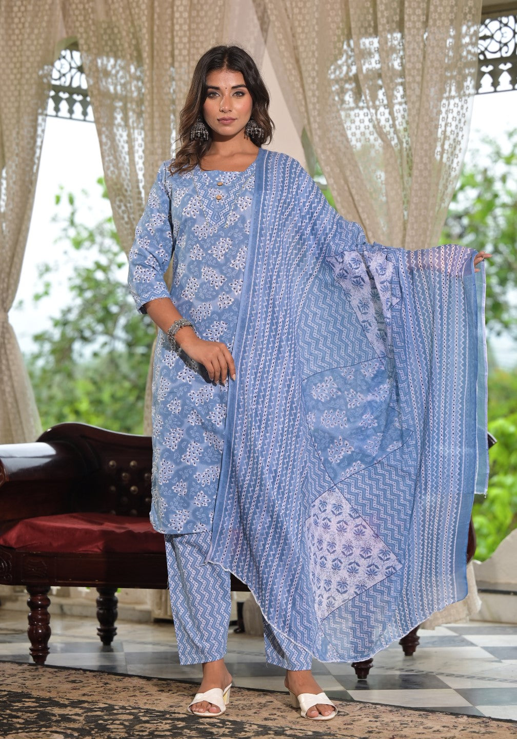 Juniper Women's Sky Blue Ethnic Motif Printed Cotton Kurta, Pant And Dupatta Set With Buttons & Lace - Distacart