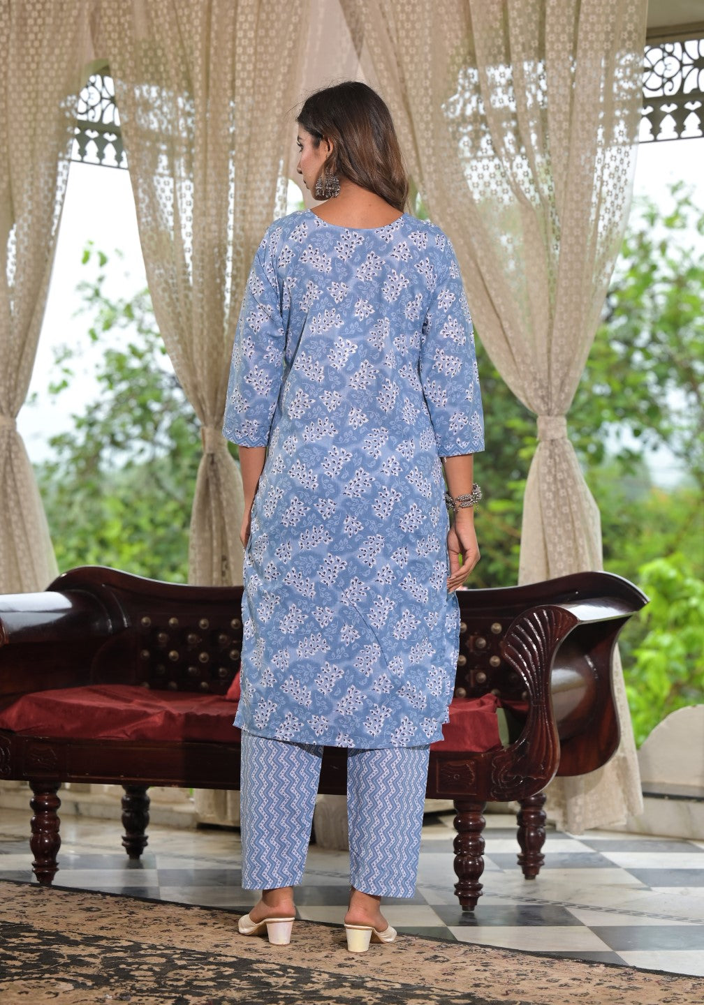 Juniper Women's Sky Blue Ethnic Motif Printed Cotton Kurta, Pant And Dupatta Set With Buttons & Lace - Distacart