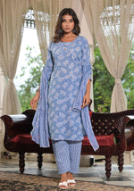 Thumbnail for Juniper Women's Sky Blue Ethnic Motif Printed Cotton Kurta, Pant And Dupatta Set With Buttons & Lace - Distacart
