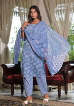 Thumbnail for Juniper Women's Sky Blue Ethnic Motif Printed Cotton Kurta, Pant And Dupatta Set With Buttons & Lace - Distacart