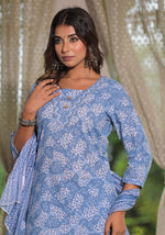 Thumbnail for Juniper Women's Sky Blue Ethnic Motif Printed Cotton Kurta, Pant And Dupatta Set With Buttons & Lace - Distacart