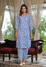 Thumbnail for Juniper Women's Sky Blue Ethnic Motif Printed Cotton Kurta, Pant And Dupatta Set With Buttons & Lace - Distacart
