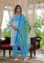 Thumbnail for Juniper Women's Sky Blue Ethnic Motif Printed Cotton Kurta, Pant And Dupatta Set With Zari & Mirror Work - Distacart