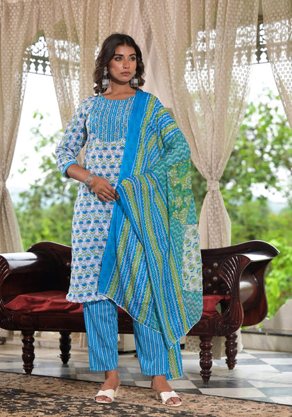 Juniper Women's Sky Blue Ethnic Motif Printed Cotton Kurta, Pant And Dupatta Set With Zari & Mirror Work - Distacart