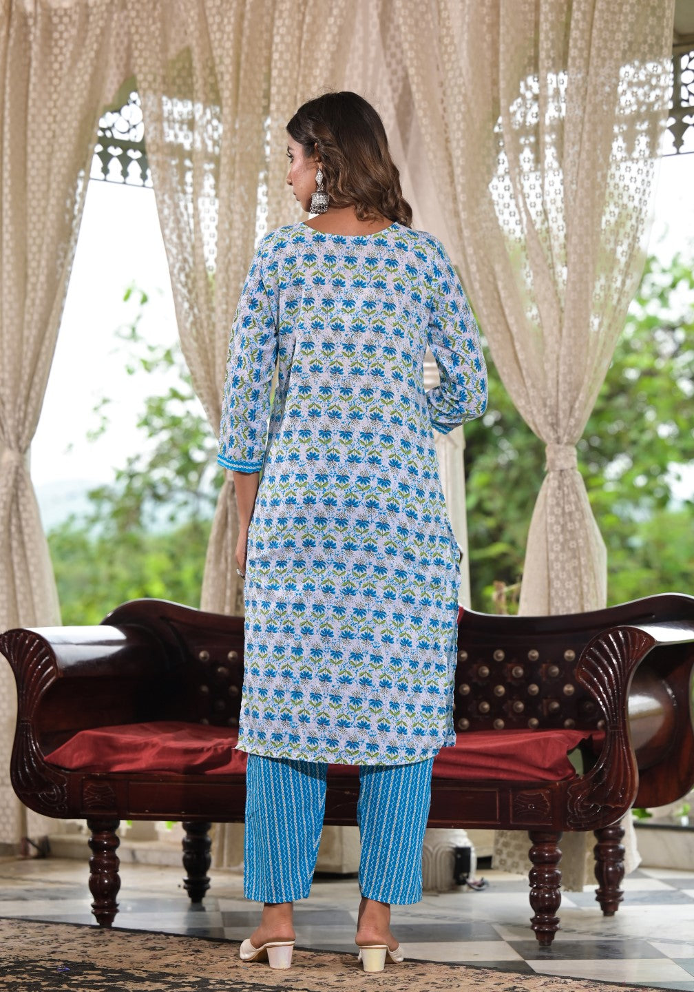 Juniper Women's Sky Blue Ethnic Motif Printed Cotton Kurta, Pant And Dupatta Set With Zari & Mirror Work - Distacart