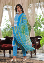 Thumbnail for Juniper Women's Sky Blue Ethnic Motif Printed Cotton Kurta, Pant And Dupatta Set With Zari & Mirror Work - Distacart