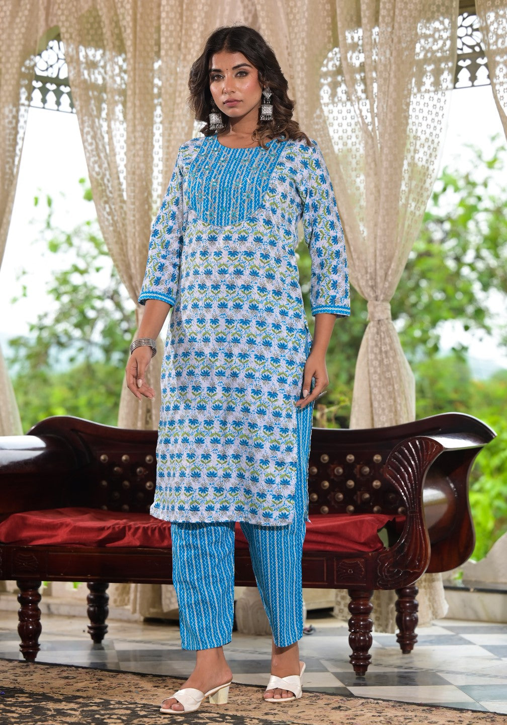 Juniper Women's Sky Blue Ethnic Motif Printed Cotton Kurta, Pant And Dupatta Set With Zari & Mirror Work - Distacart