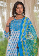 Thumbnail for Juniper Women's Sky Blue Ethnic Motif Printed Cotton Kurta, Pant And Dupatta Set With Zari & Mirror Work - Distacart