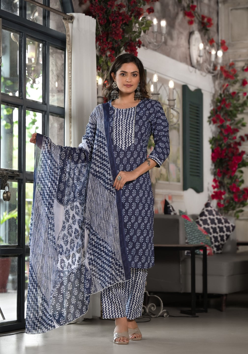 Juniper Women's Blue Ethnic Motif Printed Cotton Kurta, Pant And Dupatta Set With Lace - Distacart