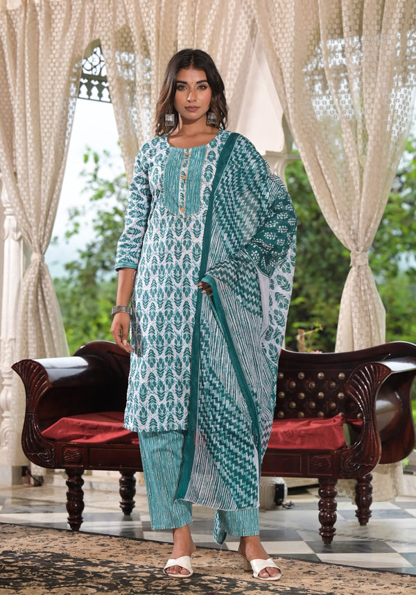 Juniper Women's Sea Green Ethnic Motif Printed Cotton Kurta, Pant And Dupatta Set With Lace & Buttons - Distacart