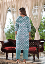 Thumbnail for Juniper Women's Sea Green Ethnic Motif Printed Cotton Kurta, Pant And Dupatta Set With Lace & Buttons - Distacart