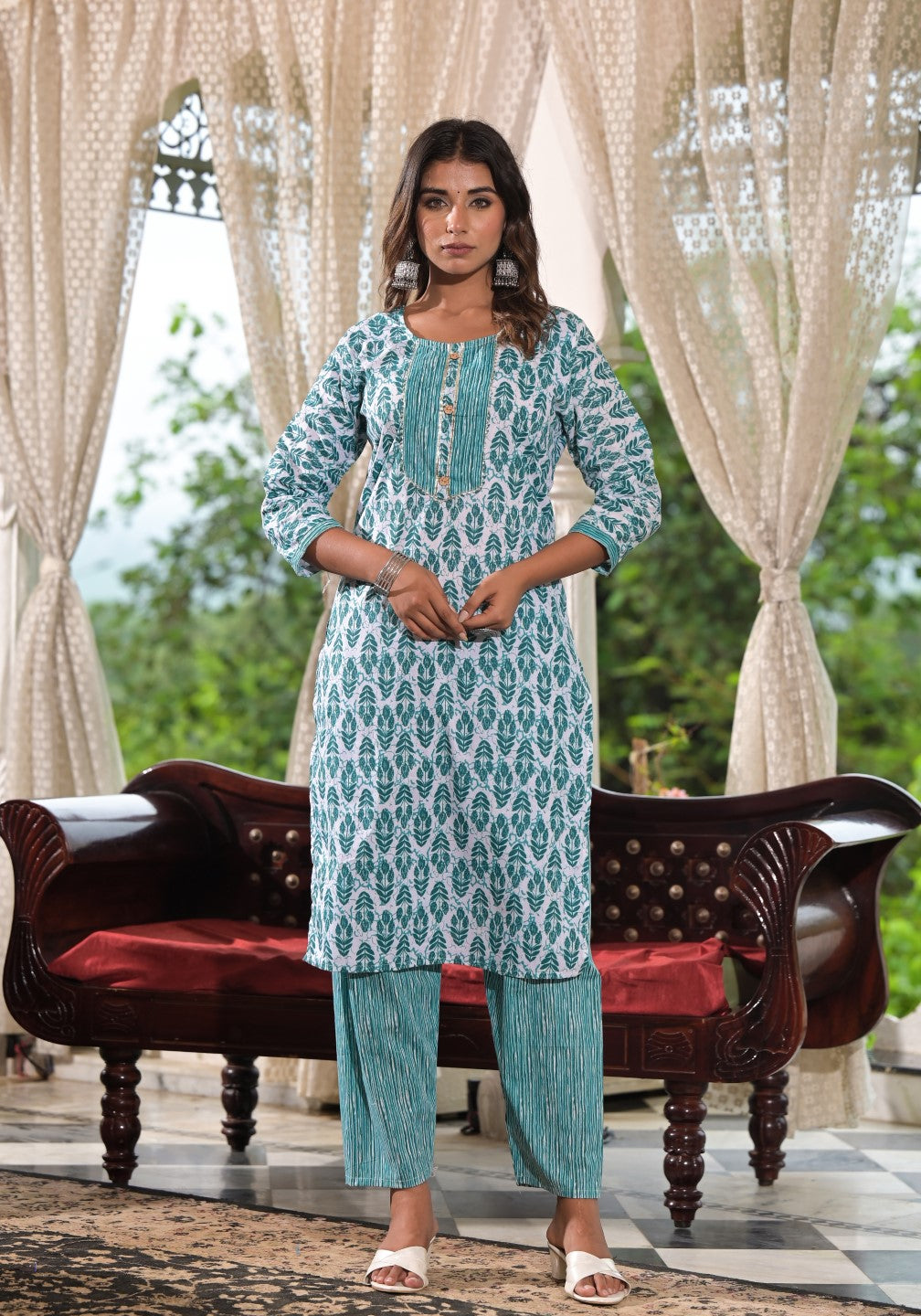 Juniper Women's Sea Green Ethnic Motif Printed Cotton Kurta, Pant And Dupatta Set With Lace & Buttons - Distacart
