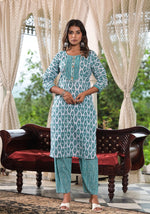 Thumbnail for Juniper Women's Sea Green Ethnic Motif Printed Cotton Kurta, Pant And Dupatta Set With Lace & Buttons - Distacart