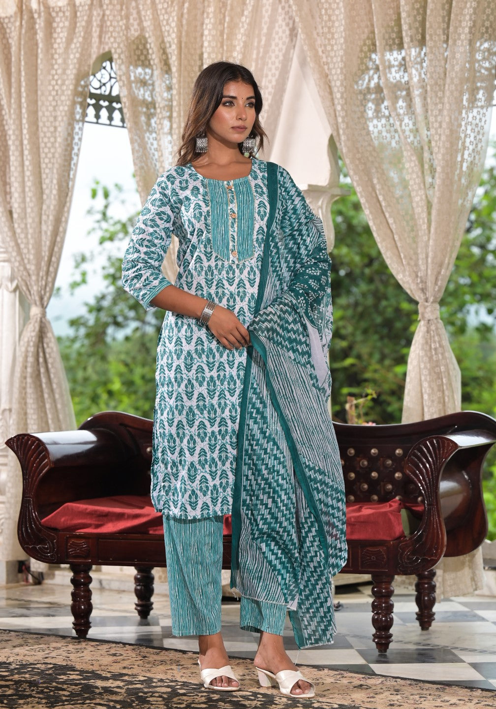 Juniper Women's Sea Green Ethnic Motif Printed Cotton Kurta, Pant And Dupatta Set With Lace & Buttons - Distacart