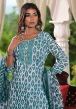 Thumbnail for Juniper Women's Sea Green Ethnic Motif Printed Cotton Kurta, Pant And Dupatta Set With Lace & Buttons - Distacart