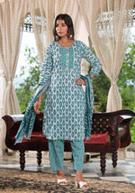Thumbnail for Juniper Women's Sea Green Ethnic Motif Printed Cotton Kurta, Pant And Dupatta Set With Lace & Buttons - Distacart