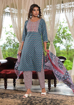 Thumbnail for Juniper Women's Teal Blue Ethnic Motif Printed Cotton Kurta, Pant And Dupatta Set With Zari & Thread Work - Distacart