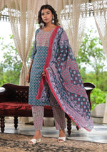 Thumbnail for Juniper Women's Teal Blue Ethnic Motif Printed Cotton Kurta, Pant And Dupatta Set With Zari & Thread Work - Distacart
