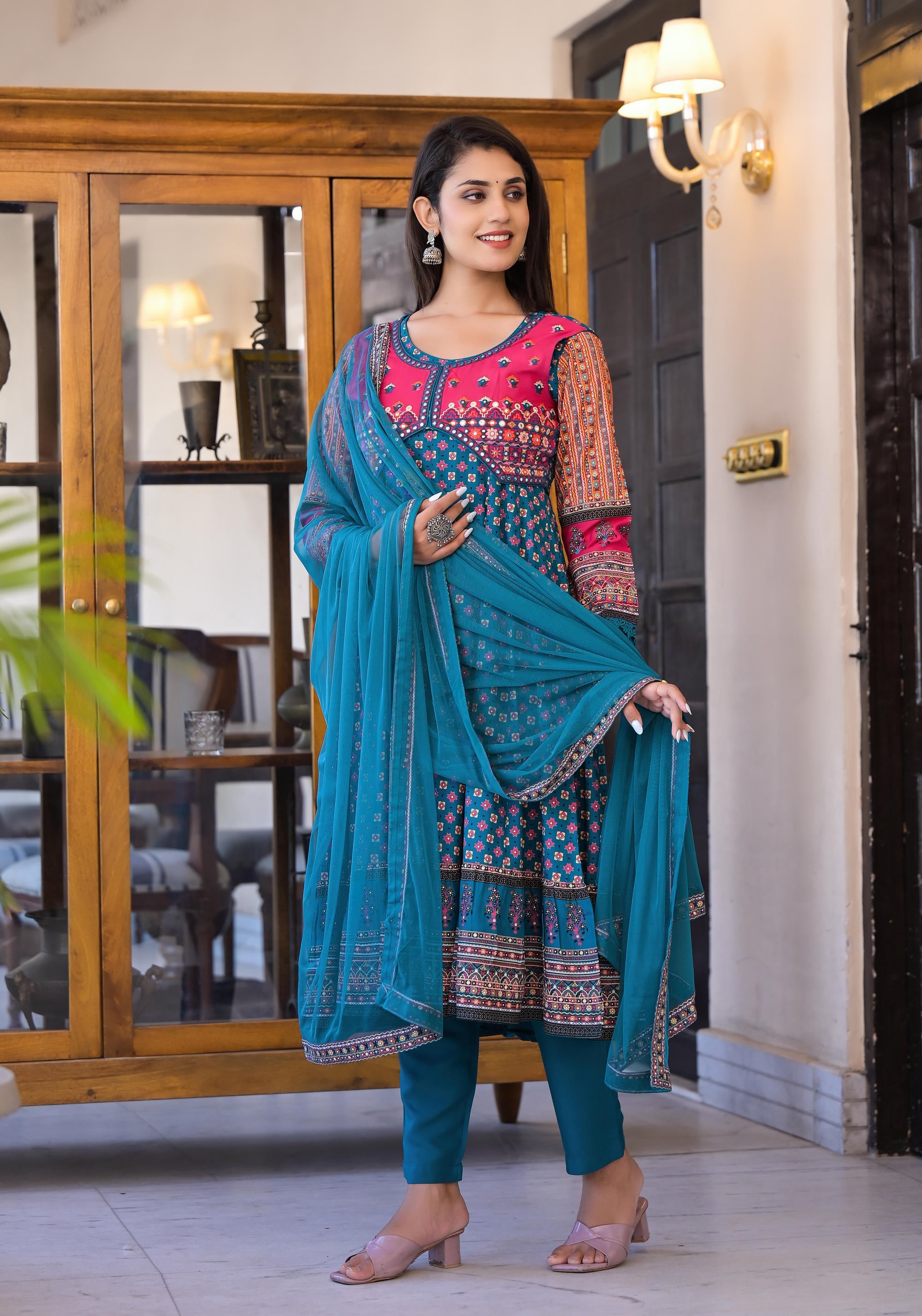 Juniper Women's Teal Ethnic Motif Printed Rayon Kurta Set With Thread & Mirror Work - Distacart