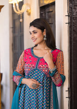 Thumbnail for Juniper Women's Teal Ethnic Motif Printed Rayon Kurta Set With Thread & Mirror Work - Distacart