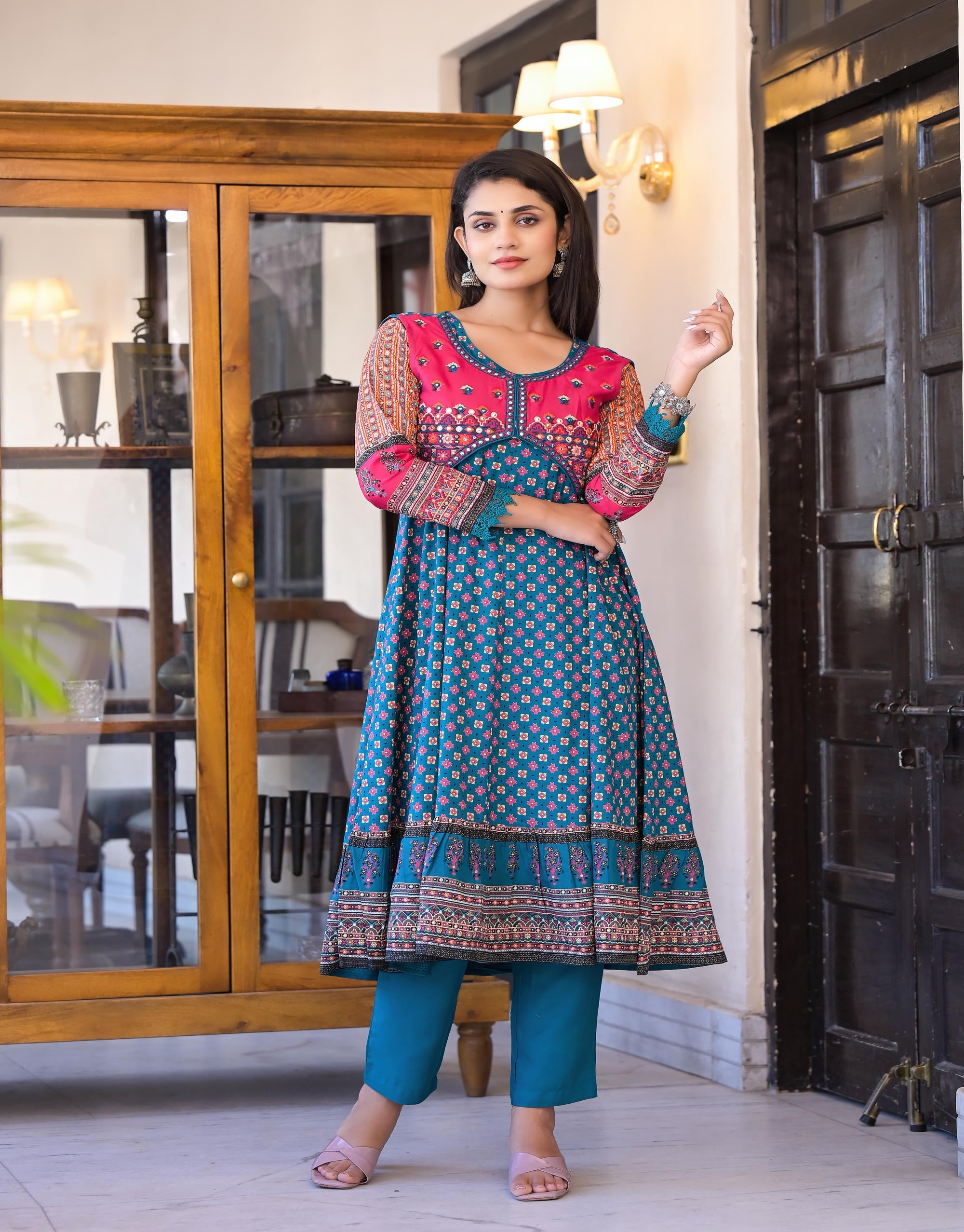Juniper Women's Teal Ethnic Motif Printed Rayon Kurta Set With Thread & Mirror Work - Distacart