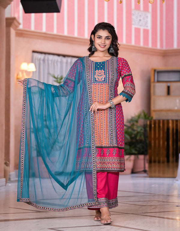 Juniper Women's Fuchsia Ethnic Motif Printed Rayon Kurta Set With Thread & Mirror Work - Distacart