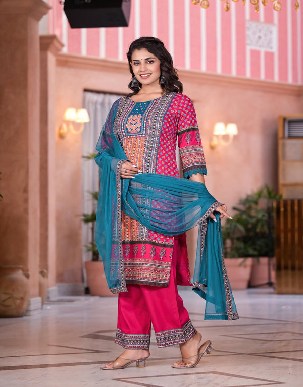 Juniper Women's Fuchsia Ethnic Motif Printed Rayon Kurta Set With Thread & Mirror Work - Distacart