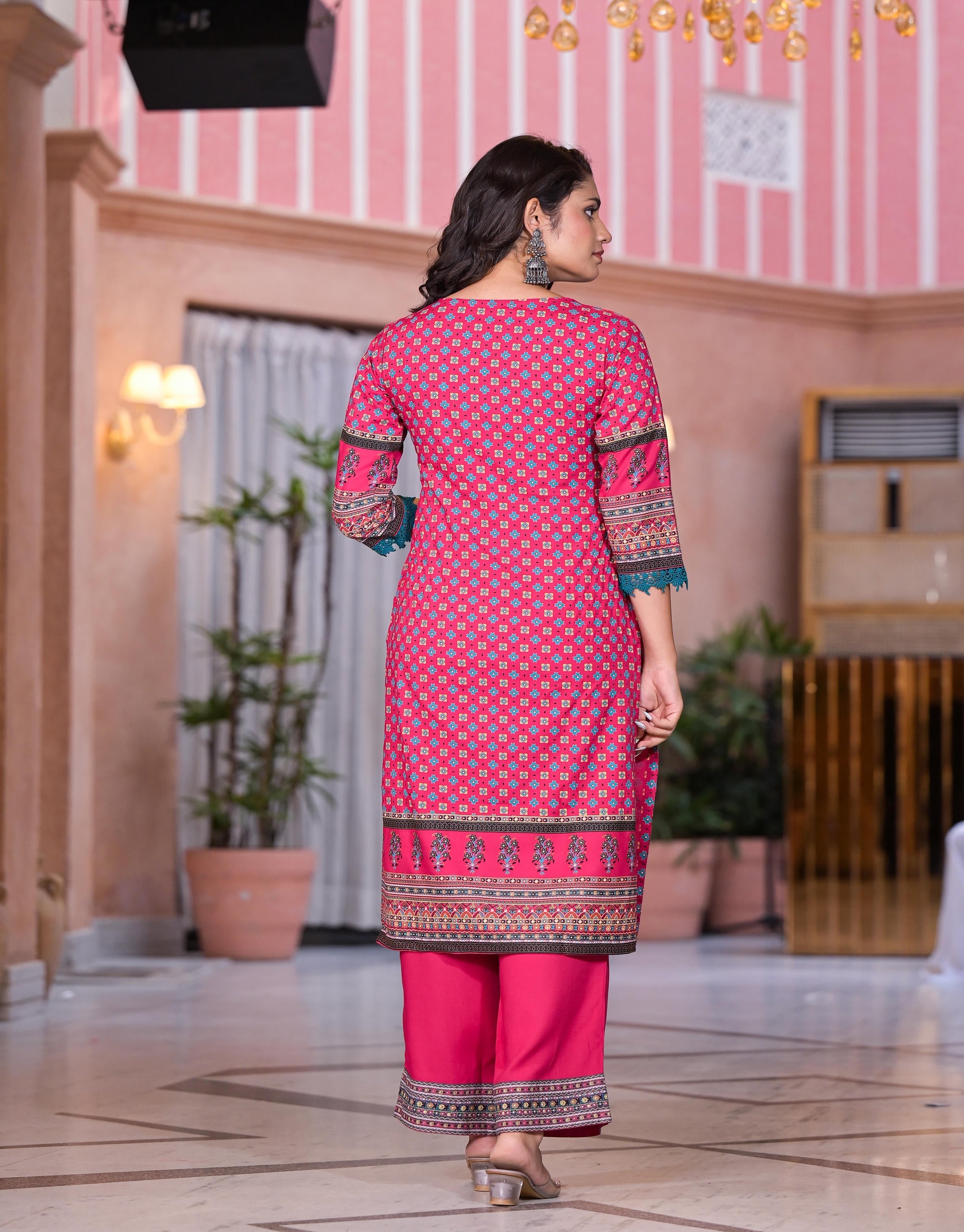 Juniper Women's Fuchsia Ethnic Motif Printed Rayon Kurta Set With Thread & Mirror Work - Distacart