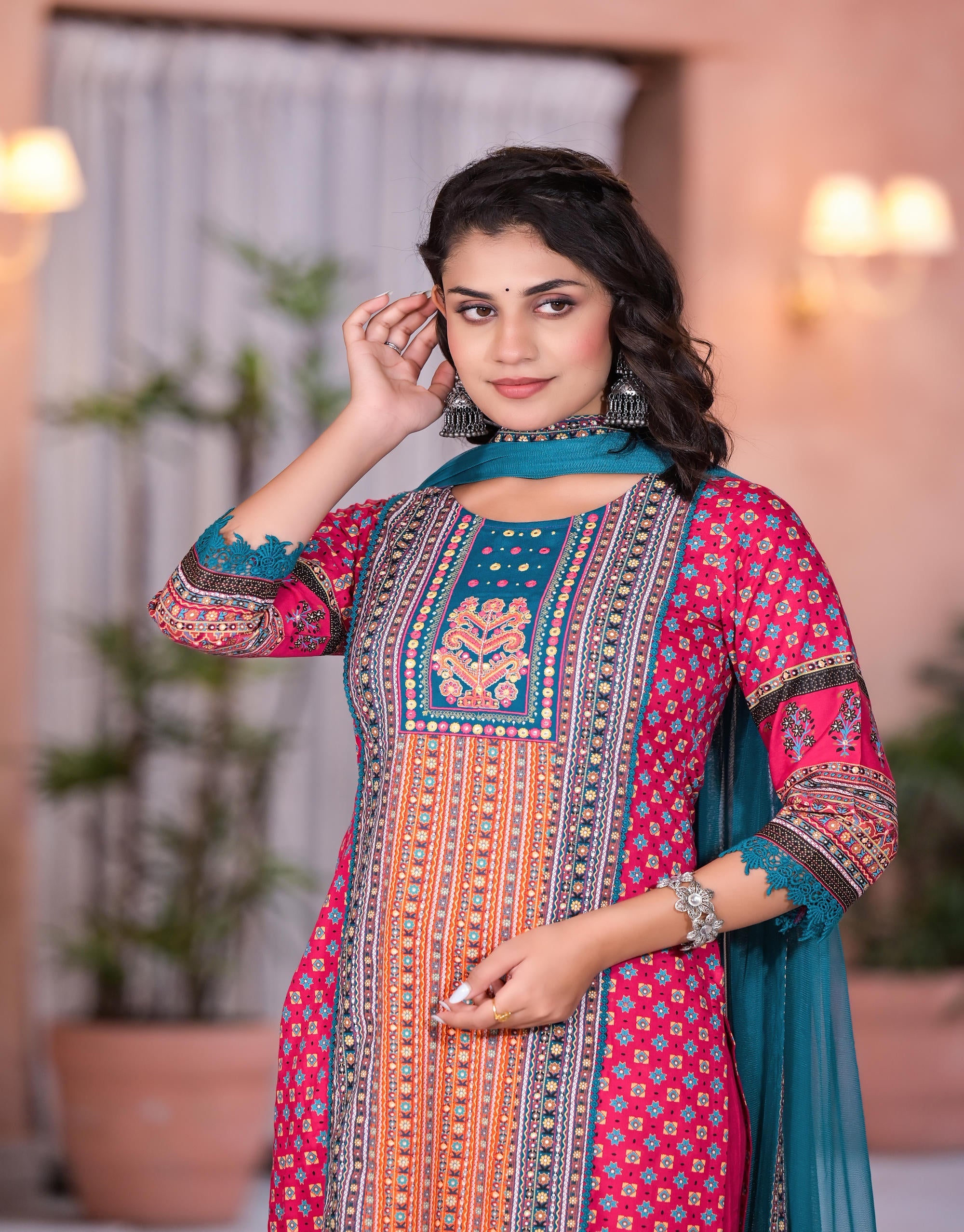 Juniper Women's Fuchsia Ethnic Motif Printed Rayon Kurta Set With Thread & Mirror Work - Distacart