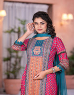 Thumbnail for Juniper Women's Fuchsia Ethnic Motif Printed Rayon Kurta Set With Thread & Mirror Work - Distacart