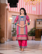 Thumbnail for Juniper Women's Fuchsia Ethnic Motif Printed Rayon Kurta Set With Thread & Mirror Work - Distacart