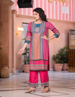 Thumbnail for Juniper Women's Fuchsia Ethnic Motif Printed Rayon Kurta Set With Thread & Mirror Work - Distacart