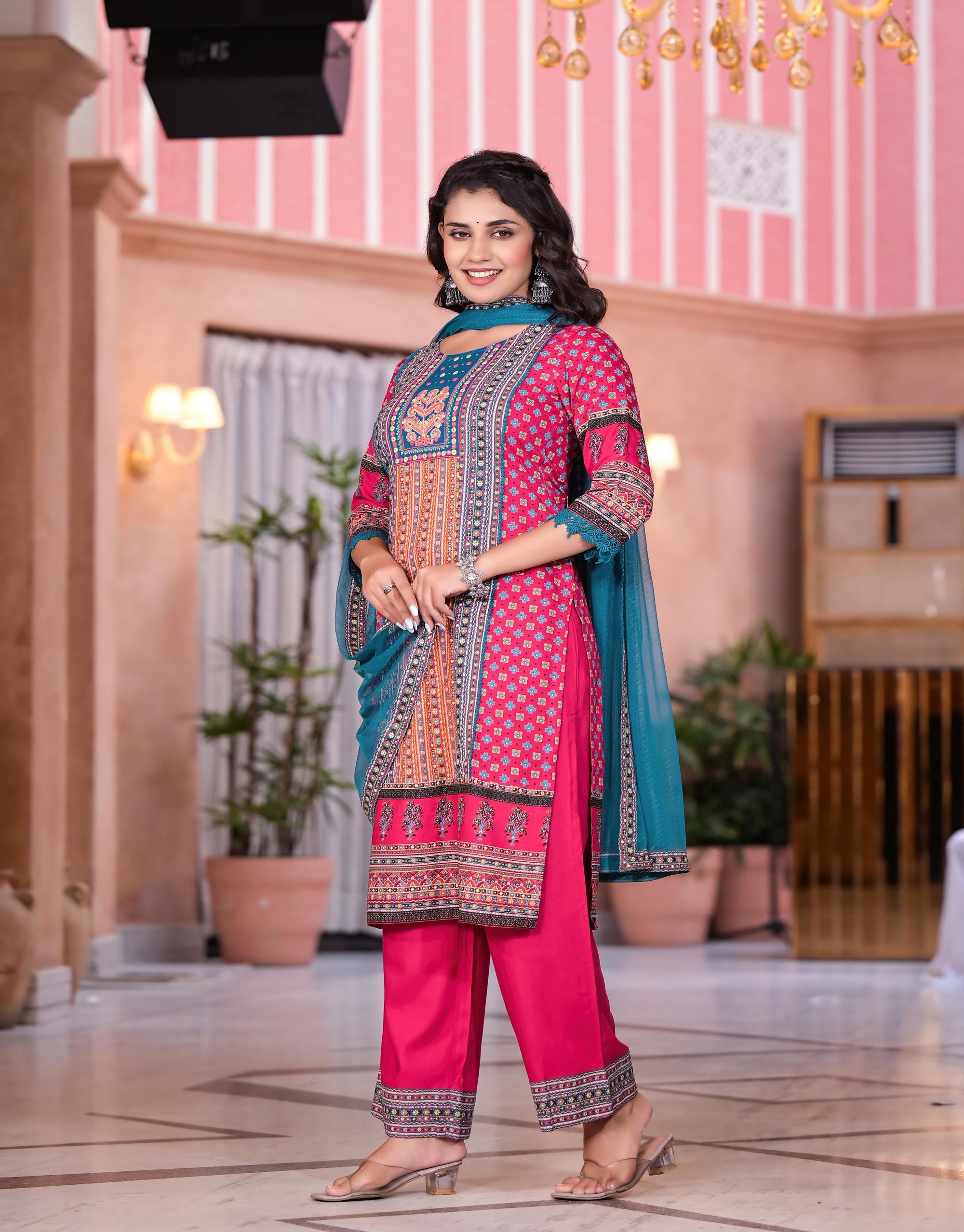 Juniper Women's Fuchsia Ethnic Motif Printed Rayon Kurta Set With Thread & Mirror Work - Distacart