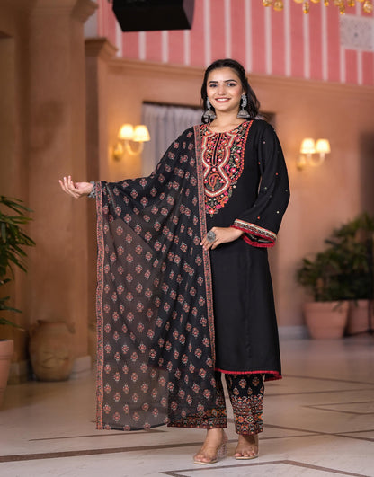 Juniper Women's Black Thread Embroidered Rayon Kurta Set With Mirror Work - Distacart